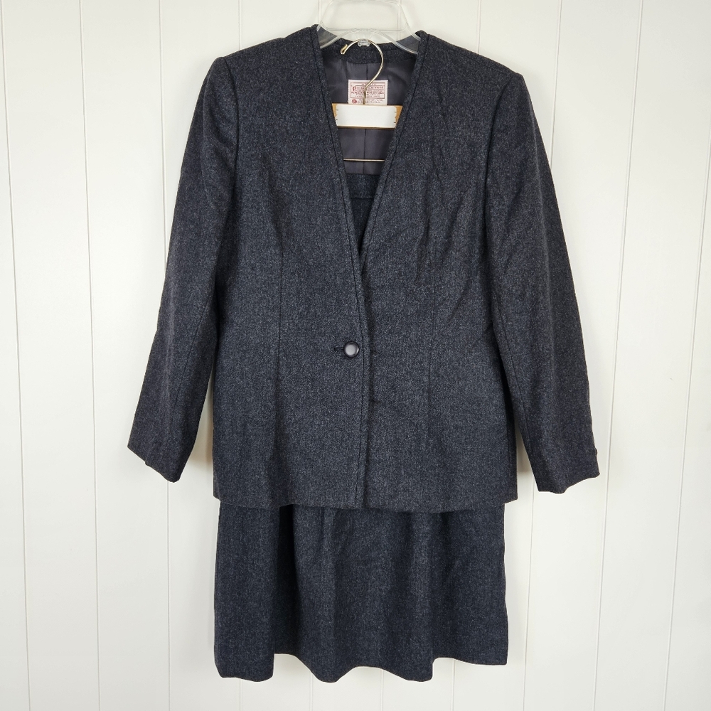 Vintage Pendleton Skirt Suit Women 10 12 Petite Gray Wool Blazer Lined USA